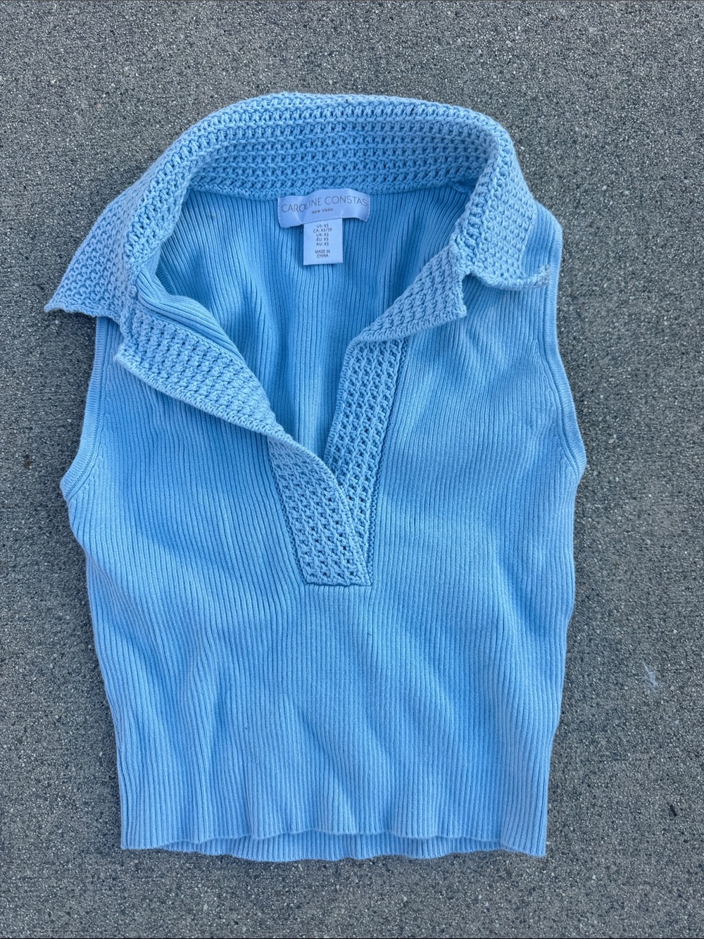 Caroline Constas Light Blue Ribbed Crochet-Collar Tank